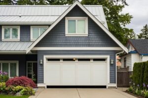Suburban house with white double garage door.